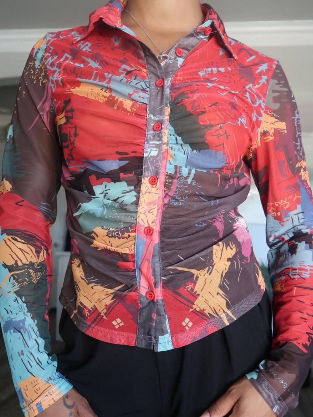 Multicolor Abstract Sheer Button-Up Top